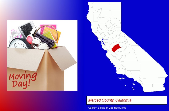 moving day; Merced County, California highlighted in red on a map