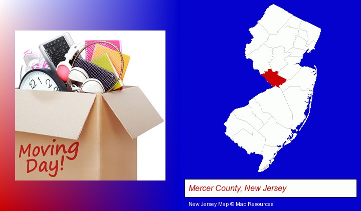 moving day; Mercer County, New Jersey highlighted in red on a map