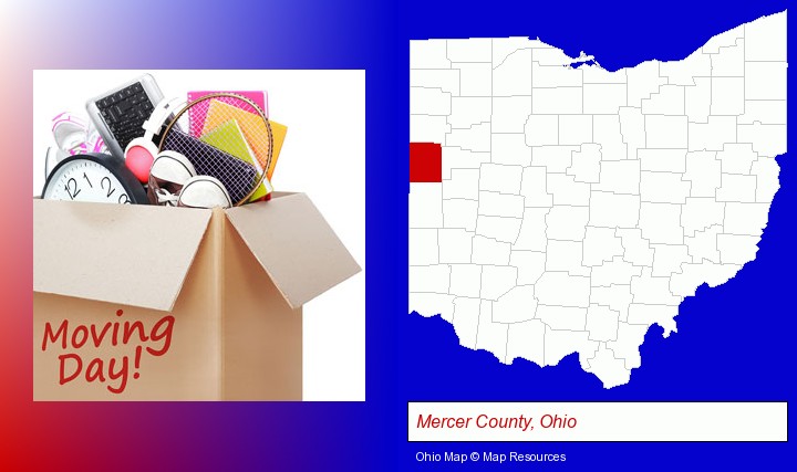 moving day; Mercer County, Ohio highlighted in red on a map