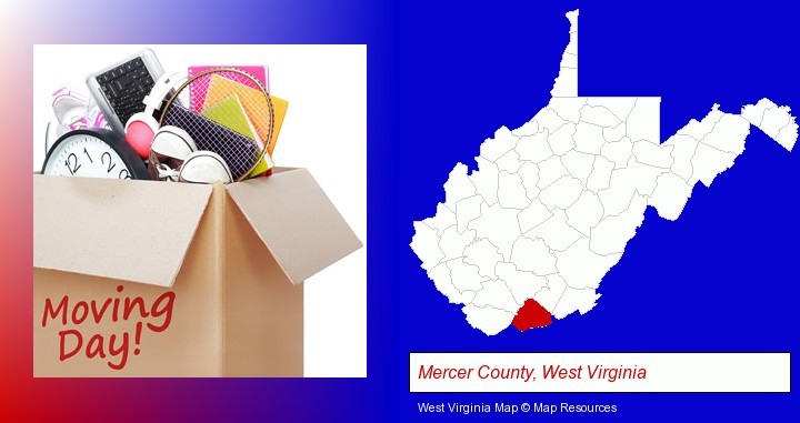 moving day; Mercer County, West Virginia highlighted in red on a map