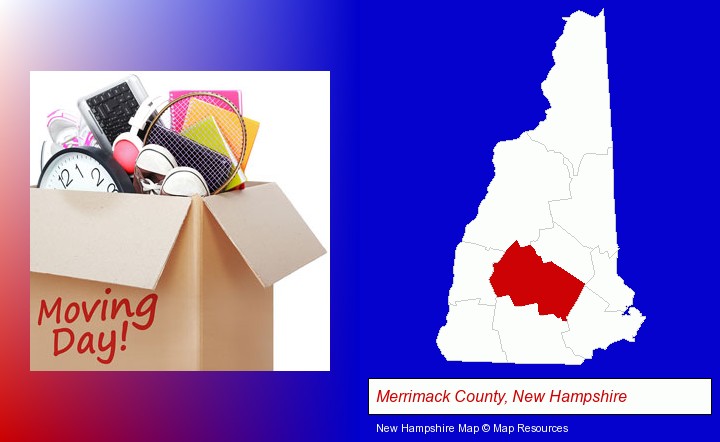 moving day; Merrimack County, New Hampshire highlighted in red on a map