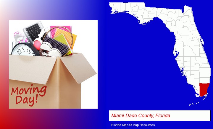 moving day; Miami-Dade County, Florida highlighted in red on a map