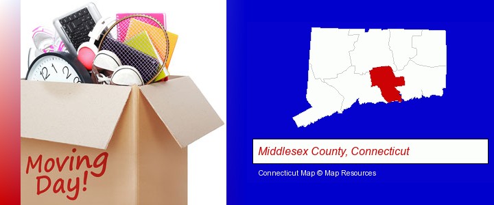 moving day; Middlesex County, Connecticut highlighted in red on a map