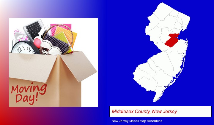 moving day; Middlesex County, New Jersey highlighted in red on a map