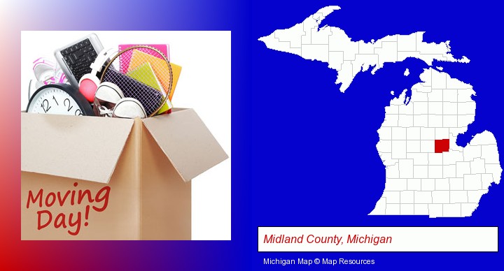 moving day; Midland County, Michigan highlighted in red on a map