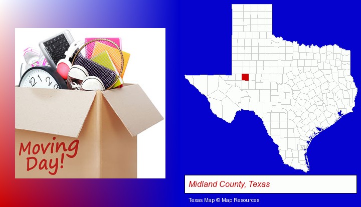 moving day; Midland County, Texas highlighted in red on a map