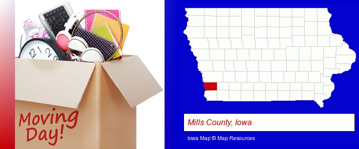 moving day; Mills County, Iowa highlighted in red on a map