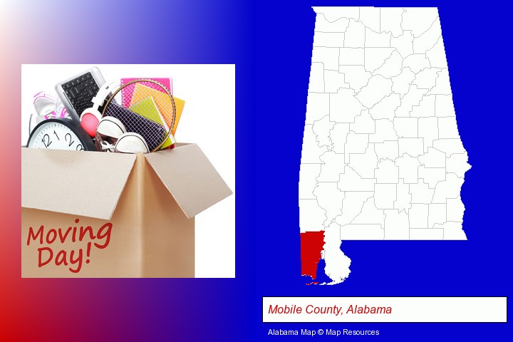 moving day; Mobile County, Alabama highlighted in red on a map