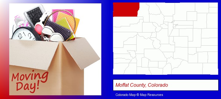 moving day; Moffat County, Colorado highlighted in red on a map