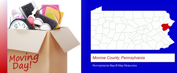 moving day; Monroe County, Pennsylvania highlighted in red on a map