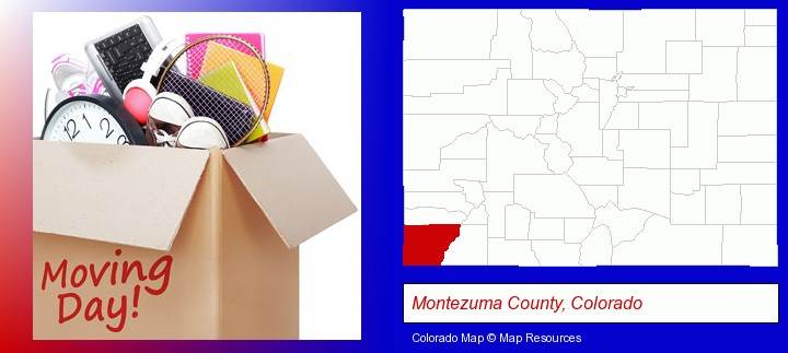 moving day; Montezuma County, Colorado highlighted in red on a map