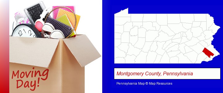 moving day; Montgomery County, Pennsylvania highlighted in red on a map