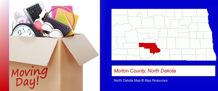 moving day; Morton County, North Dakota highlighted in red on a map