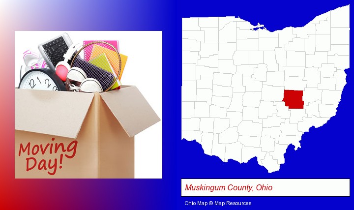 moving day; Muskingum County, Ohio highlighted in red on a map