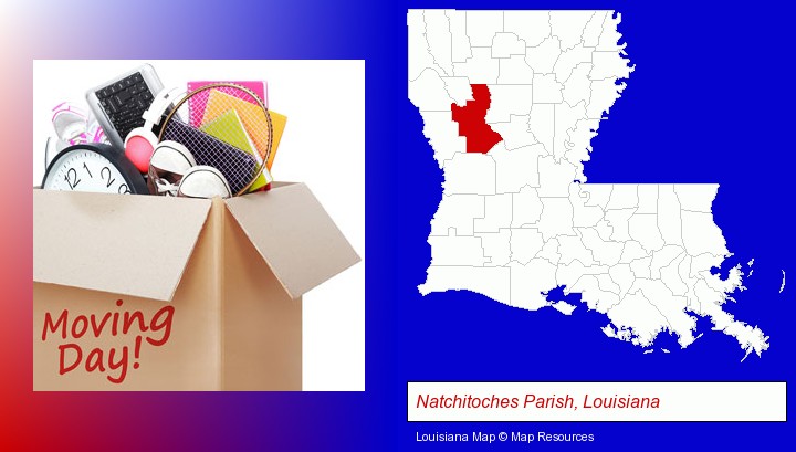 moving day; Natchitoches Parish, Louisiana highlighted in red on a map