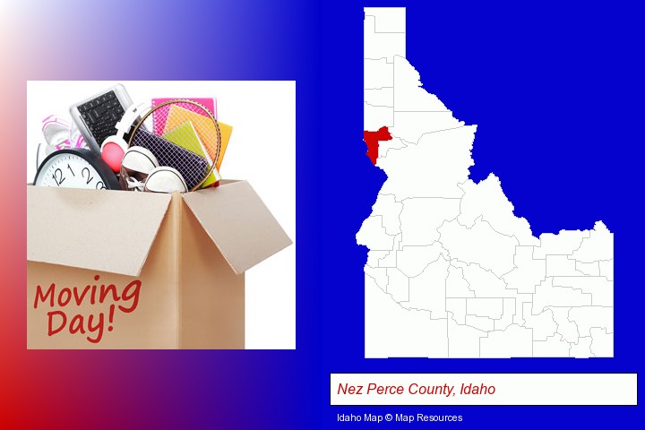 moving day; Nez Perce County, Idaho highlighted in red on a map