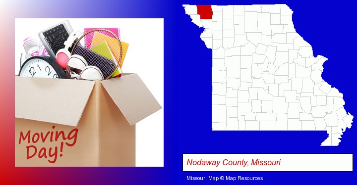 moving day; Nodaway County, Missouri highlighted in red on a map