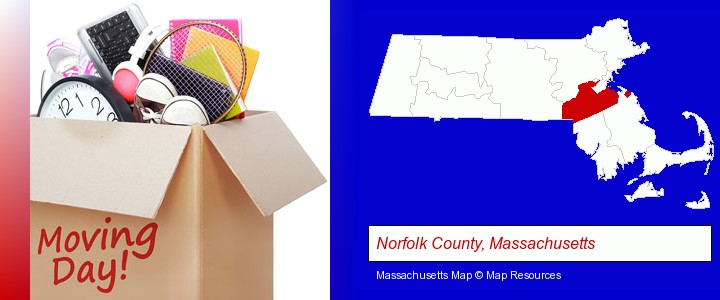 moving day; Norfolk County, Massachusetts highlighted in red on a map