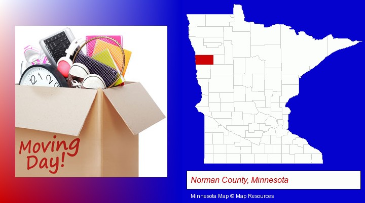 moving day; Norman County, Minnesota highlighted in red on a map