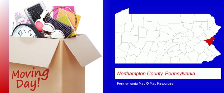 moving day; Northampton County, Pennsylvania highlighted in red on a map