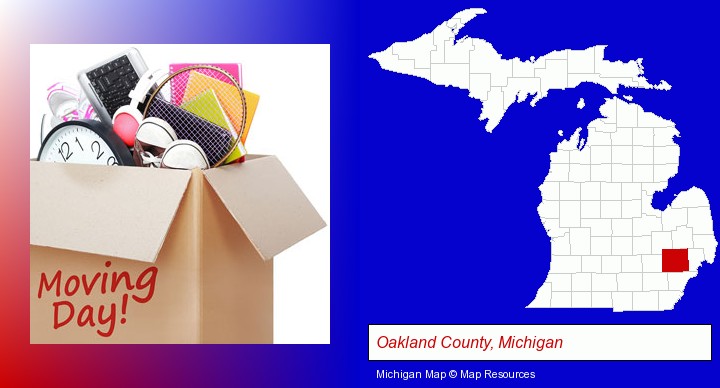 moving day; Oakland County, Michigan highlighted in red on a map