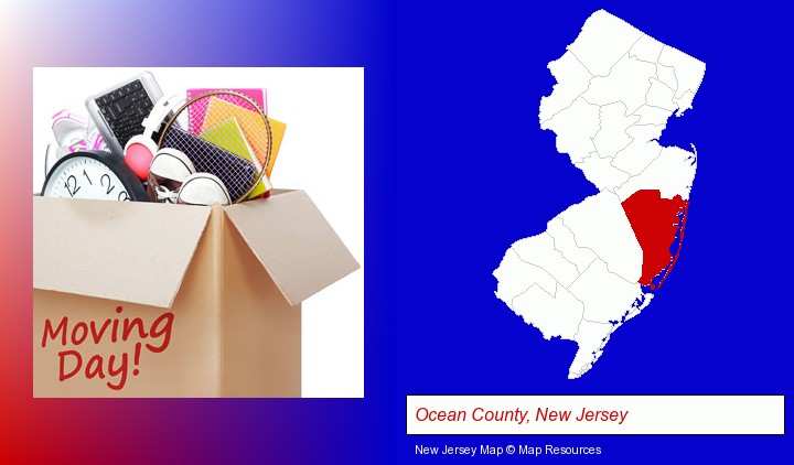 moving day; Ocean County, New Jersey highlighted in red on a map