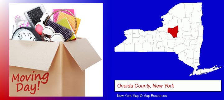 moving day; Oneida County, New York highlighted in red on a map