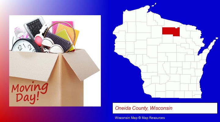 moving day; Oneida County, Wisconsin highlighted in red on a map