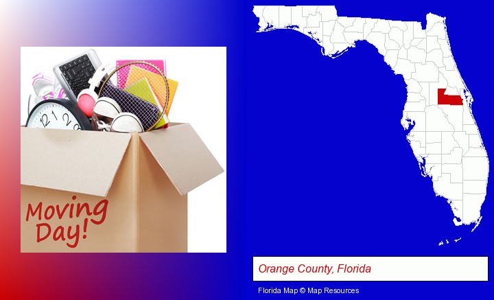 moving day; Orange County, Florida highlighted in red on a map