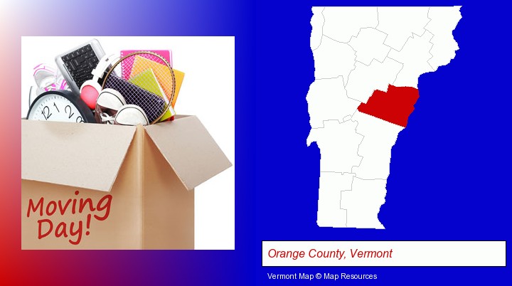 moving day; Orange County, Vermont highlighted in red on a map