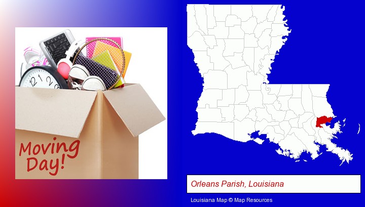 moving day; Orleans Parish, Louisiana highlighted in red on a map