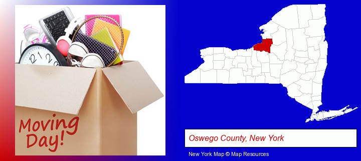 moving day; Oswego County, New York highlighted in red on a map