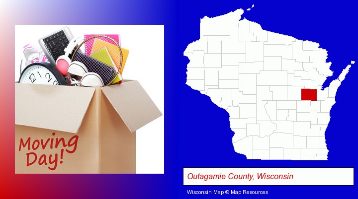 moving day; Outagamie County, Wisconsin highlighted in red on a map