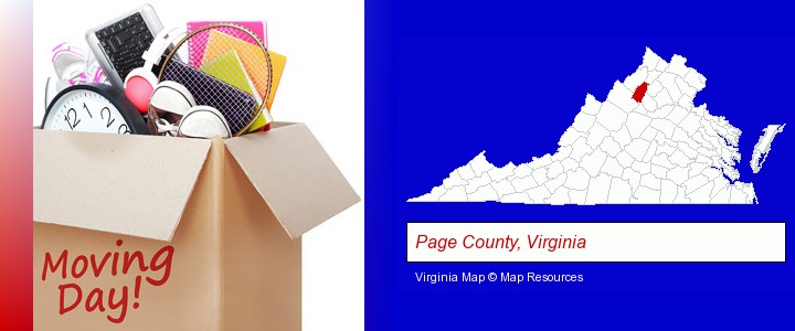 moving day; Page County, Virginia highlighted in red on a map