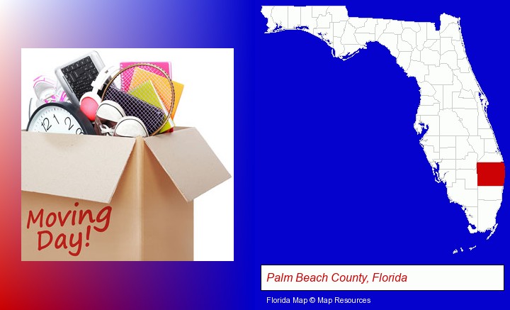 moving day; Palm Beach County, Florida highlighted in red on a map