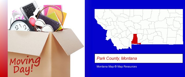 moving day; Park County, Montana highlighted in red on a map
