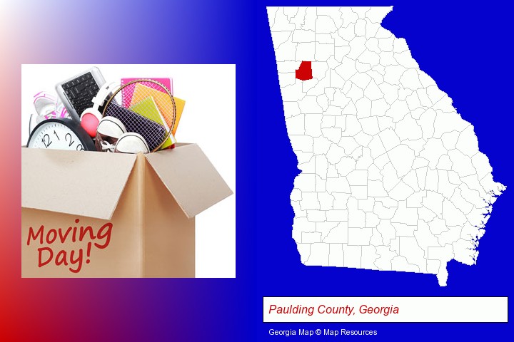 moving day; Paulding County, Georgia highlighted in red on a map