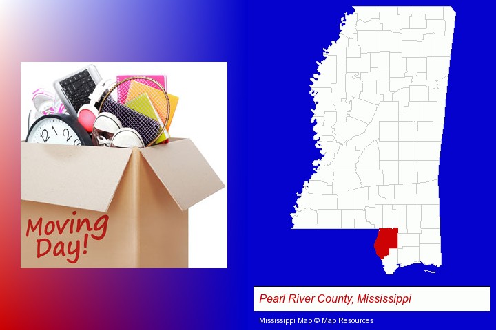moving day; Pearl River County, Mississippi highlighted in red on a map