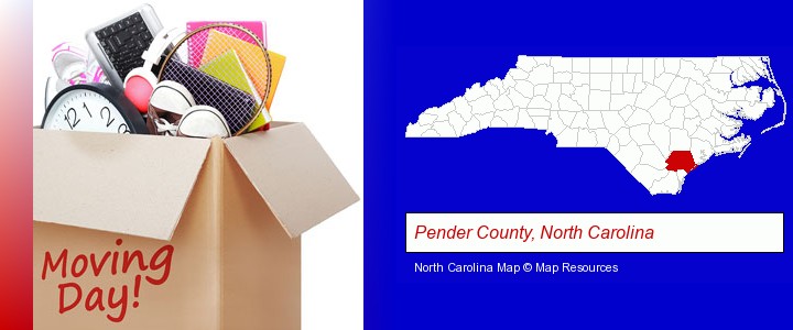 moving day; Pender County, North Carolina highlighted in red on a map