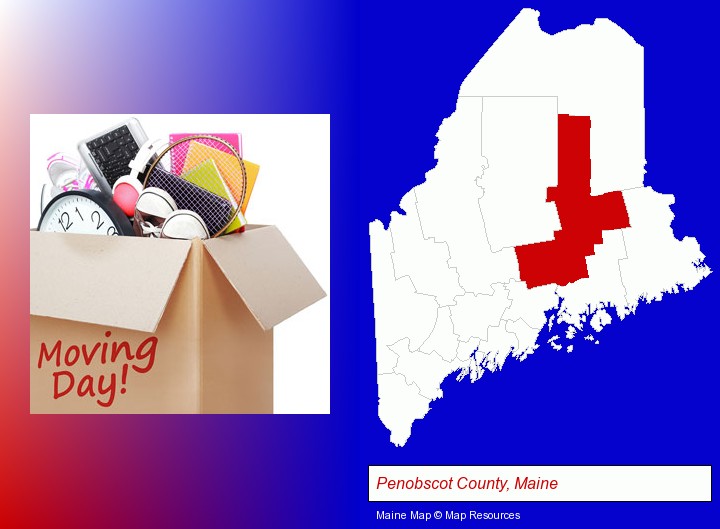 moving day; Penobscot County, Maine highlighted in red on a map
