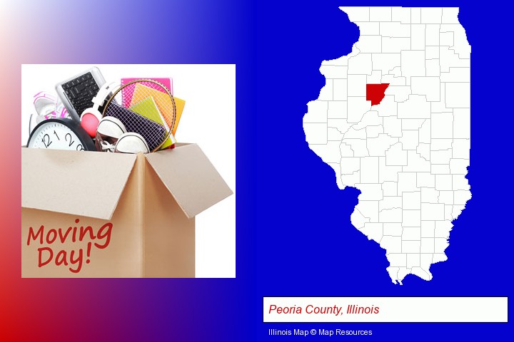moving day; Peoria County, Illinois highlighted in red on a map