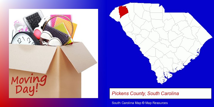 moving day; Pickens County, South Carolina highlighted in red on a map