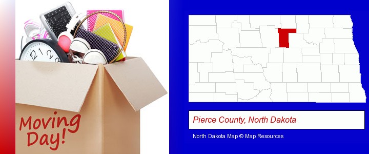 moving day; Pierce County, North Dakota highlighted in red on a map