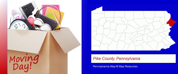 moving day; Pike County, Pennsylvania highlighted in red on a map