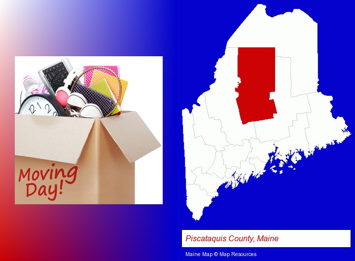 moving day; Piscataquis County, Maine highlighted in red on a map