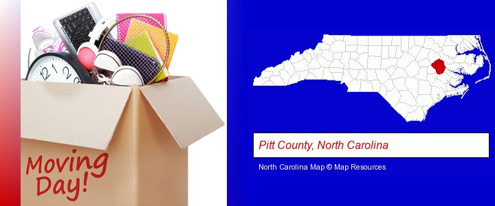 moving day; Pitt County, North Carolina highlighted in red on a map