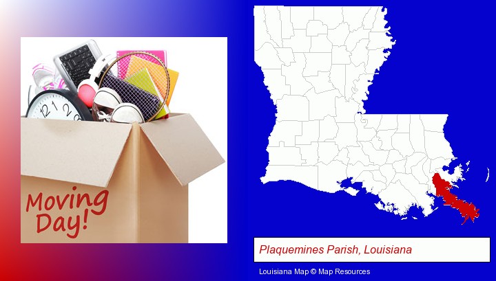 moving day; Plaquemines Parish, Louisiana highlighted in red on a map