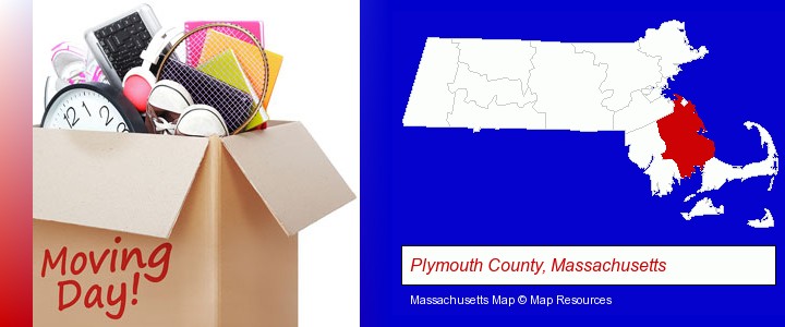 moving day; Plymouth County, Massachusetts highlighted in red on a map