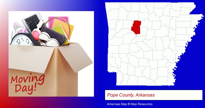 moving day; Pope County, Arkansas highlighted in red on a map
