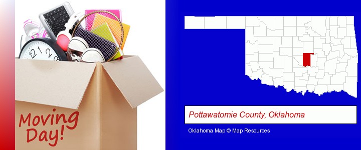 moving day; Pottawatomie County, Oklahoma highlighted in red on a map